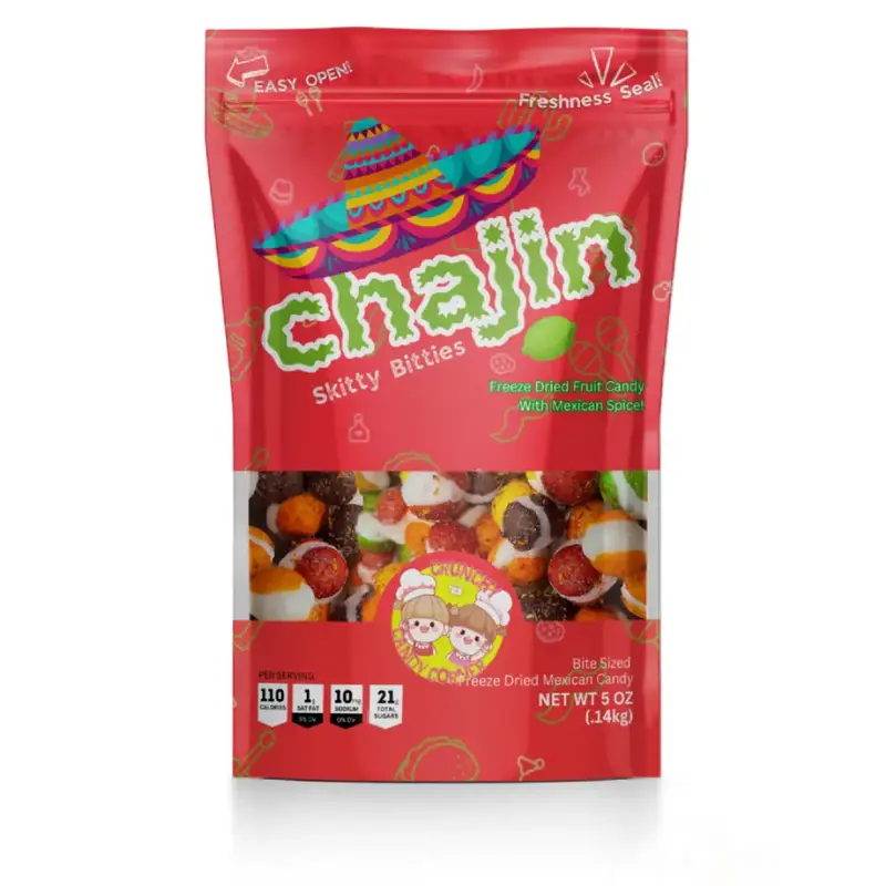 CHAJIN SKITTY BITTIES - CRUNCHY BITE SIZED FRUIT FLAVORED CANDY COATED WITH MEXICAN SPICE FLAVOR SNACK