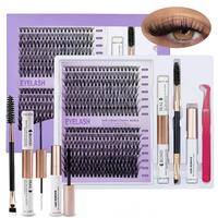 Eyelash Extension Kit, 1 Box Mixed Styles Lash Clusters & Bond & Seal & Remover & Tweezers & Lash Brush, Professional Eye Mak...