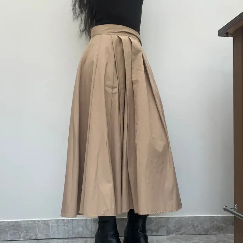 Dixie Maxi Pleated Skirt - 28W UK 8 Beige Cotton Blend