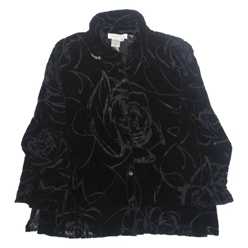 COLDWATER CREEK Womens Blouse Black Collared Long Sleeve Floral L