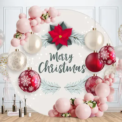 White And Red Ball Round Merry Christmas Backdrop - Aperturee