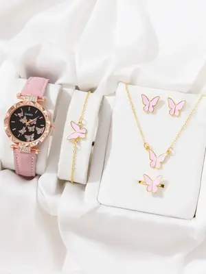 Elegant Butterfly Engraved Quartz Watch and Butterfly Decor Jewelry Set As Gift, Fashion Round Dial Pointer Quartz Watch and ...