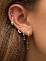 Star & Moon Design Cubic Zirconia Dangle Earrings & Stud Earrings, Earring Stacking Set, Pretty Studs, Cute Cubic Zirconia De...