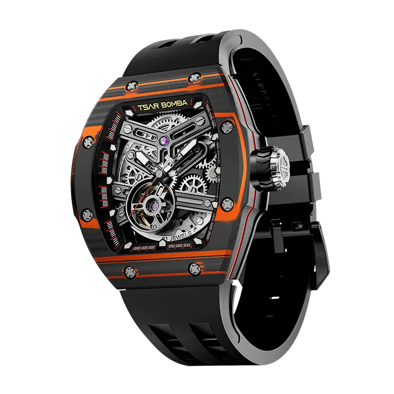 TSAR BOMBA Men's Automatic Skeleton Watch | Interchangeable Luxury Design | Black Orange | Atomic TB8218 | Carbon Fiber