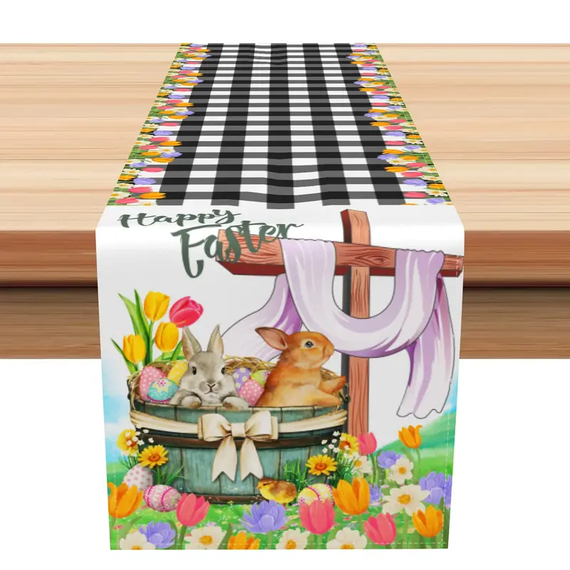 Aperturee Colorful Floral Bunny Black Plaid Easter Table Runner | Seasonal Printed Table Runner | Table Runner For Dining Tab...