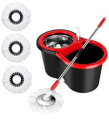 Spin Mop Bucket 360 rotating  Easywring Microfiber FloorCleaning System + 3 Extra Refills MopHeads,Red/Black Set Pack