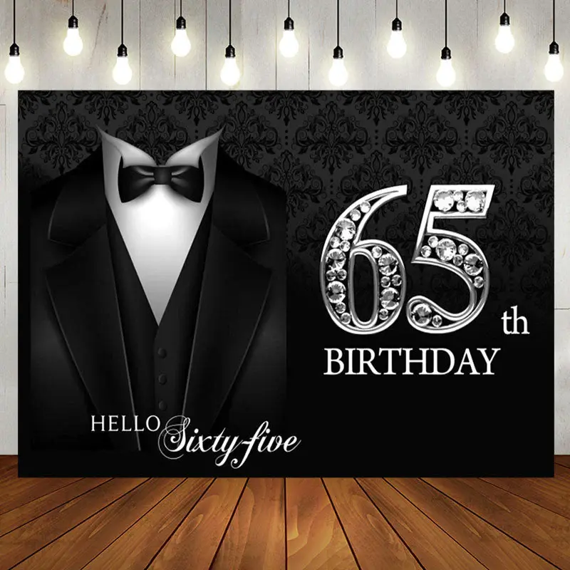 Black Suit And Sliver Hello 65th Birthday Backdrop - Aperturee