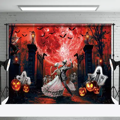 Dancing Skeleton Red Moon Light Horror Halloween Backdrop