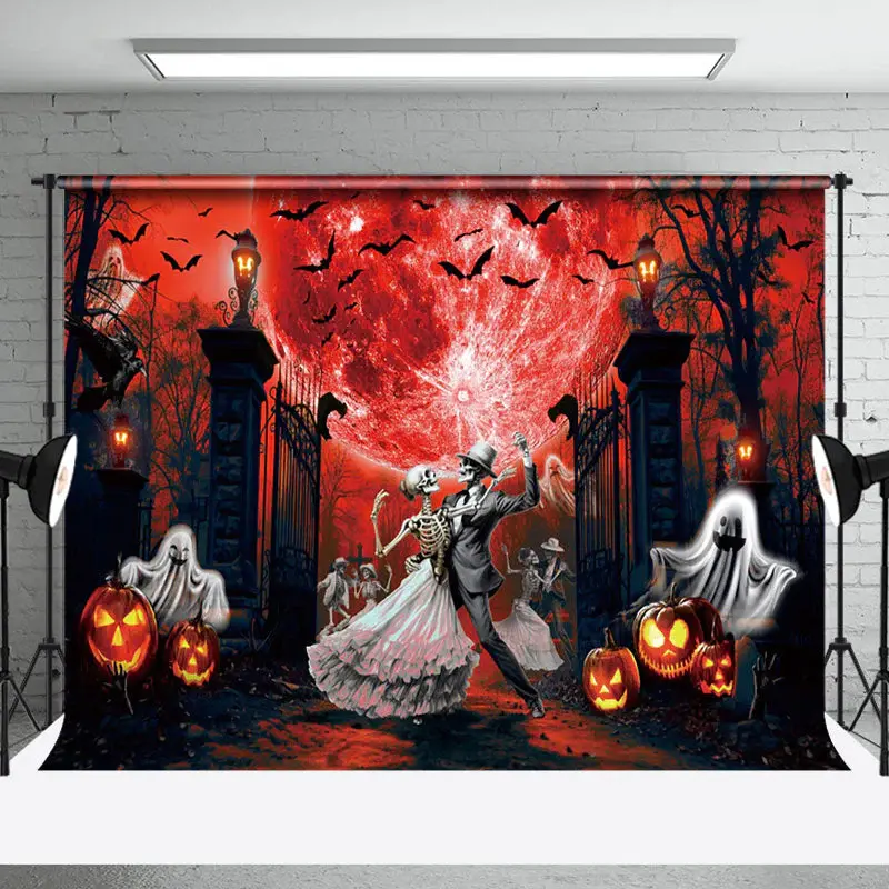 Dancing Skeleton Red Moon Light Horror Halloween Backdrop