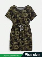 【Plus Size】 Camo Print Pocket Tie Front Elastic Waist Dress, Summer Dresses for Women, Casual Short Sleeve Round Neck Sho...