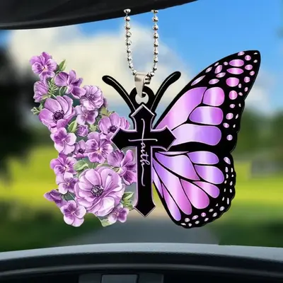 Butterfly & Floral Shaped Car Hanger, Acrylic Rearview Mirror Pendant, Hanging Decoration for Window, Car, Door Frame, Balcon...