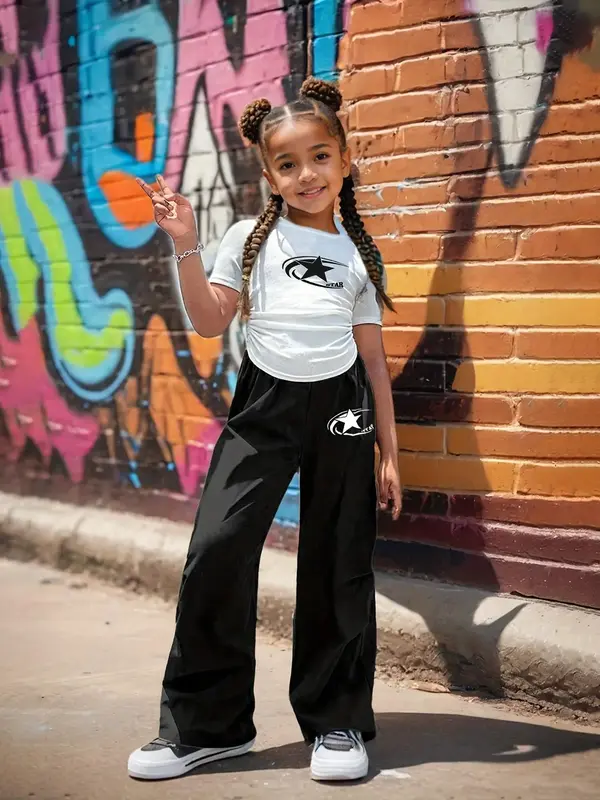 Girl's Star Print Tee & Pants Set, Casual Round Neck Short Sleeve T-shirt &  Trousers, Summer Clothes for Kids