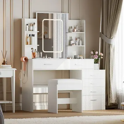 Garvee Makeup Vanity Desk with Mirror and Lights, White Vanity 6 Drawers and Shelves, Charging Station, Stool, 3 Lighting Col...