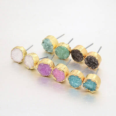Flat Round Natural Druzy Agate Stud Earrings