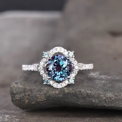 Unique Cordelia Alexandrite And Diamond Engagement Ring Milgrain ring