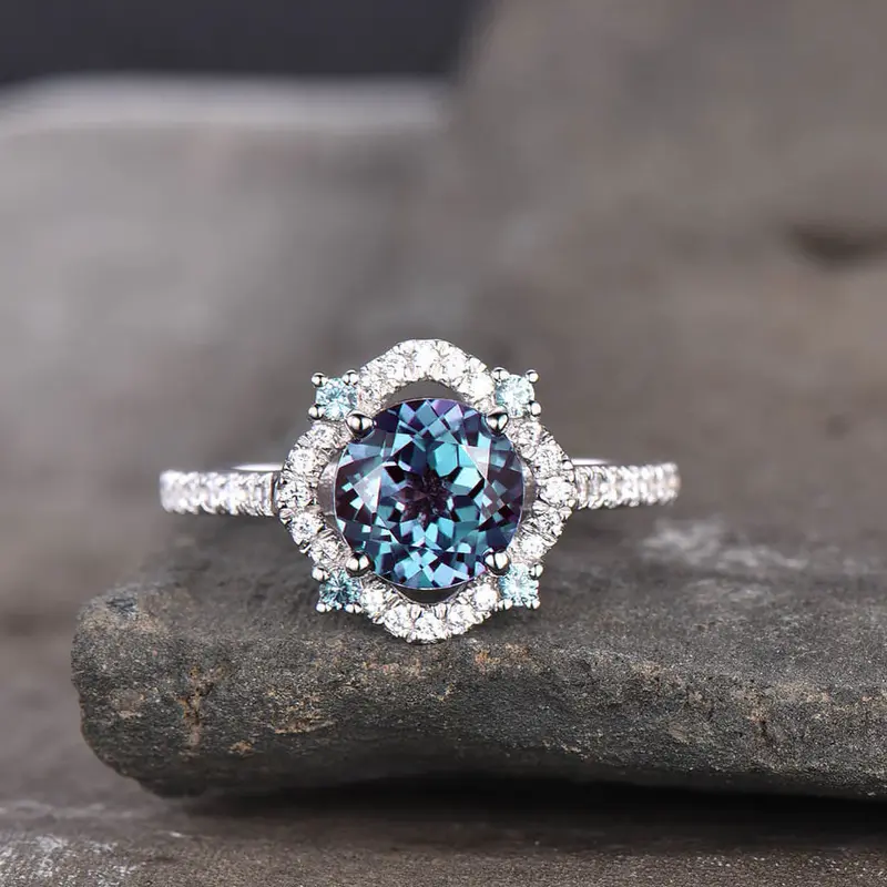 Unique Cordelia Alexandrite And Diamond Engagement Ring Milgrain ring