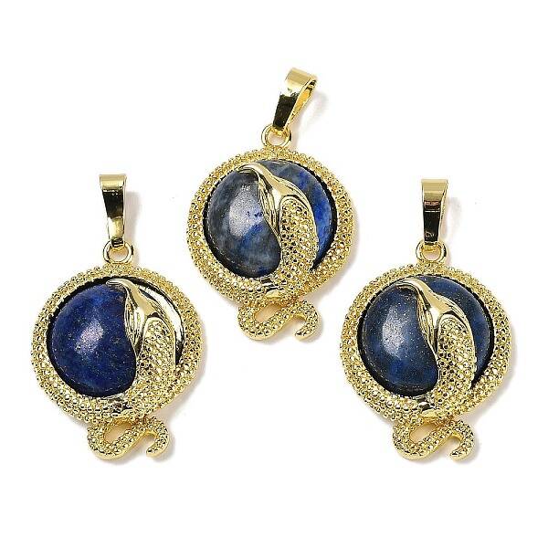 Dyed Natural Lapis Lazuli Flat Round Shaped Brass Pendants