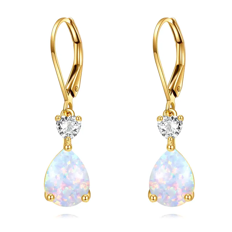 14K Gold Opal Heart Personalized Birthstone Drop Lever-back Earrings