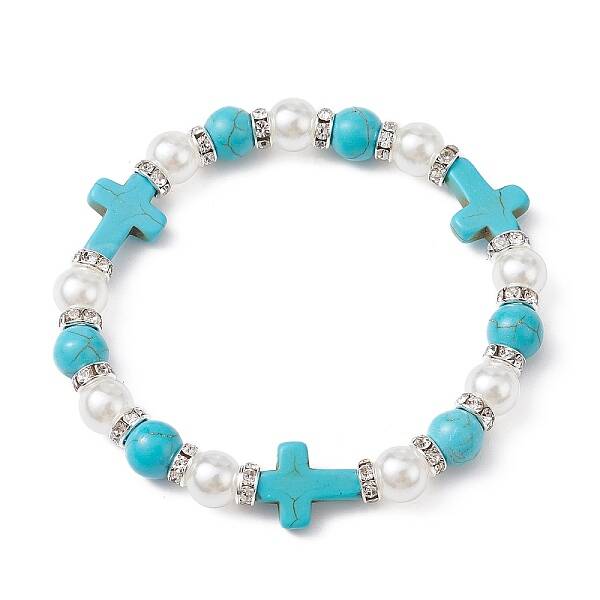 Synthetic Turquoise Cross & ABS Plastic Pearl Beaded Stretch Bracelet