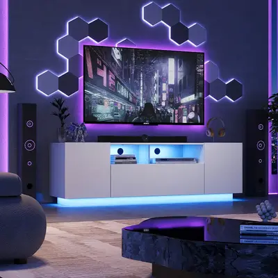 WLIVE TV Stand for 65 Inch TV, 58“ Entertainment Center with LED, Modern TV Consoles with Storage Cabinets, TV Stands for L...