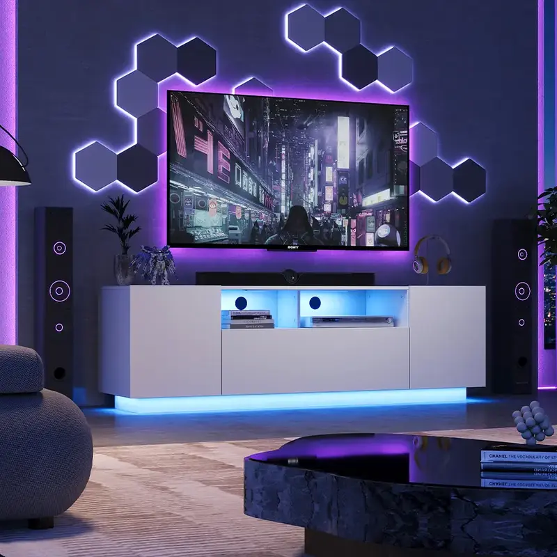 WLIVE TV Stand for 65 Inch TV, 58“ Entertainment Center with LED, Modern TV Consoles with Storage Cabinets, TV Stands for L...