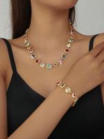 Women's Elegant Colorful Cubic Zirconia Decorated Necklace & Bracelet, Exquisite Trendy Jewelry Set, Fashionable Jewelry Set ...