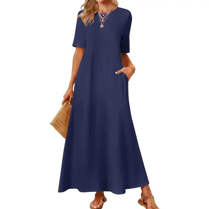 Women's 2025 Spring Summer Casual Maxi Dress Beach Vacation Short Sleeve Crewneck Basic Long T Shirt Dresses