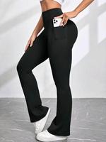 Women's Basic Plain High Waist Flare Leg Pants, Casual Comfy Pocket Design Sports Bell Bottom Tummy Control Leggings for Yoga...