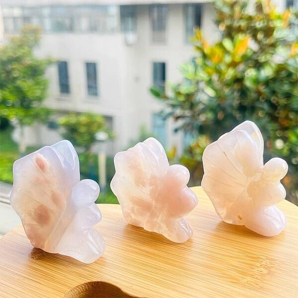 Natural Cherry Blossom Agate Carved Healing Fairy Butterfly Figurines