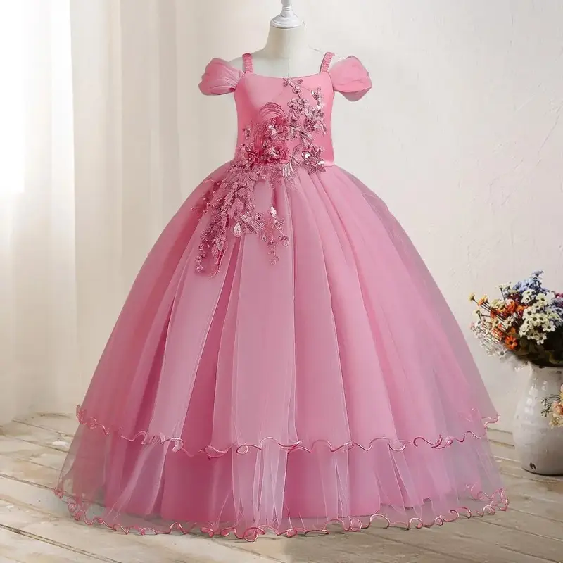 Teen Girl Wedding Bridesmaid Gowns Floral One Shoulder Pink Formal Host Dress 5-14Yrs Girl Flower Birthday Party Kids Costume