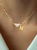 Artificial Crystal Bow Initial Pendant Necklace, Stainless Steel Necklace for Women for Gift, Clavicle Chain Necklace, Fashio...