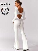 Women's High Elasticity Long Sleeved Jumpsuit with Wide Legs and Hollow Back Waist Lifting and Tight Fitting Yoga Clothes for...