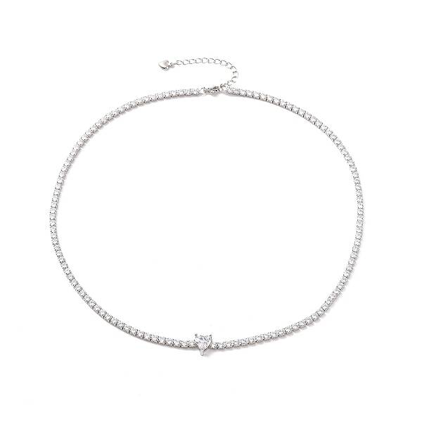 Clear Cubic Zirconia Heart Pendant Necklace with Tennis Chains