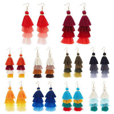 10 Pairs 10 Colors Multi-layer Cotton Tassel Dangle Earrings