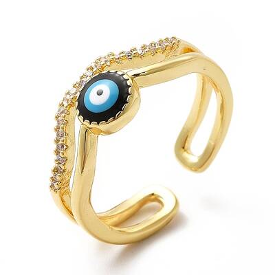 Enamel Evil Eye & Cubic Zirconia Wave Open Cuff Ring