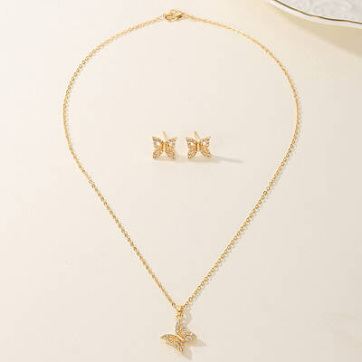 Vintage Brass Cubic Zirconia Butterfly Stud Earrings & Necklaces Set for Women