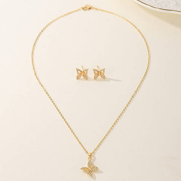 Vintage Brass Cubic Zirconia Butterfly Stud Earrings & Necklaces Set for Women