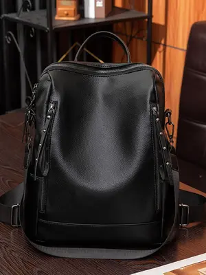 Solid Color Pu Leather Adjustable Backpack, Fashionable Large Capacity Zipper Backpack for Women & Men, Casual Backpack, Tren...