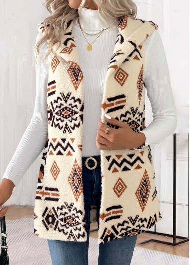 Modlily Beige Patchwork Tribal Print Sleeveless Waistcoat - XXL