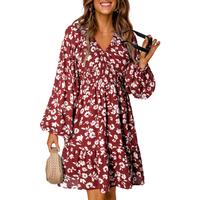 Dokotoo Womens Dresses 2025 Boho Floral V Neck Long Sleeve Smocked Elastic Waist Casual A-Line Swing Mini Dress Sundress