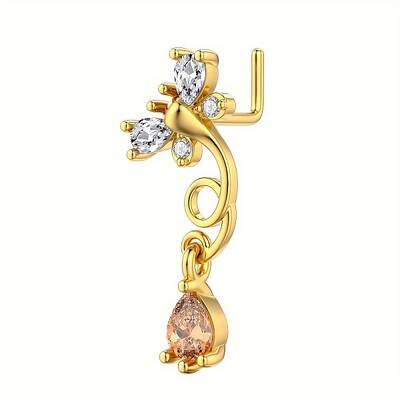 Brass Pave Peru and Clear Cubic Zirconia Dangle L-Shaped Nose Rings