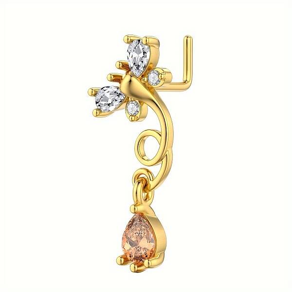 Brass Pave Peru and Clear Cubic Zirconia Dangle L-Shaped Nose Rings