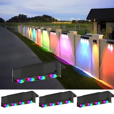 Outdoor Solar Fence Lights, Warm White & RGB 10 Color Charging Solar Deck Lights Waterproof Solar Lights for Outside Wall Por...