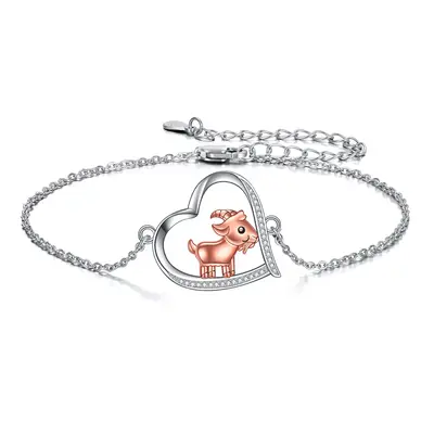 Sterling Silver Two-tone Circular Shaped Cubic Zirconia Goat & Heart Charm Bracelet