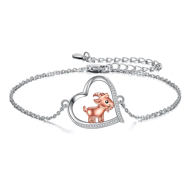 Sterling Silver Two-tone Circular Shaped Cubic Zirconia Goat & Heart Charm Bracelet