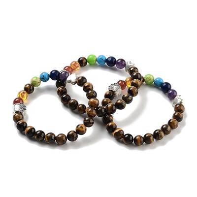 Chakra Round Natural Tiger Eye Beaded Stretch Bracelets