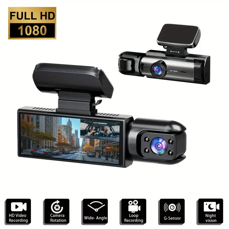 1080P Dual Dash Cam | 3.16 Inch IPS Screen, IR Night Vision, Loop Recording, Wide Angle Lens, Adhesive Mount, Push Button Con...