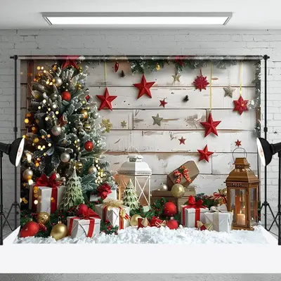Aperturee Wood Board Wall Red Star Decoration Christmas Backdrop - Aperturee