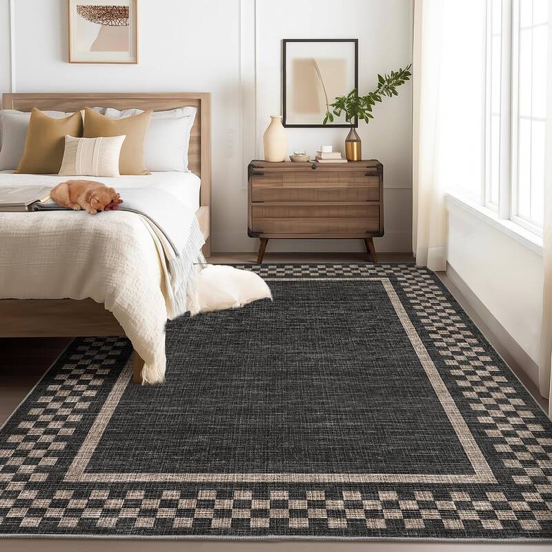 Garvee 4x6 Washable Living Room Rug Non Slip Low Pile Rubber Backing Soft Durable Checkered Geometric Design for Bedroom Kitc...
