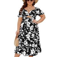 MNLYBABY Women Plus Size Boho V-Neck Dress with Floral Wrap Skirt, Deep V Neck, Midi Length, Puff Short Sleeves, Casual Summe...